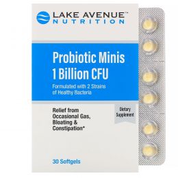 Lake Avenue Nutrition,  Мини-пробиотики, 2 штамма здоровых бактерий, 1 млрд КОЕ, 30 маленьких мягких таблеток