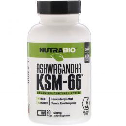 NutraBio Labs, Ашвагандха KSM-66, 600 мг, 90 растительных капсул