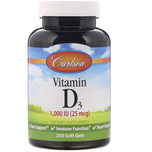 Carlson Labs, Витамин D3, 1000 IU, 250 гелевых капсул