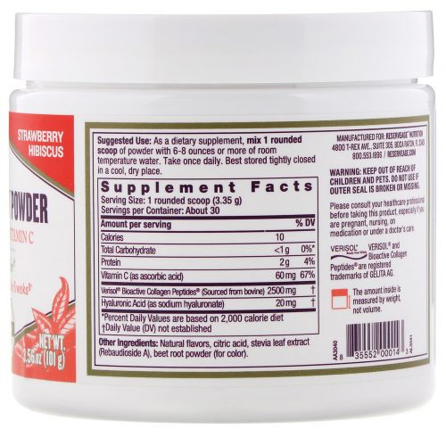 ReserveAge Nutrition, Collagen Replenish Powder, Strawberry Hibsicus, 3.56 oz (101 g)