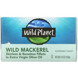 Wild Planet, Wild Mackerel, Skinless & Boneless Fillets in Extra Virgin Olive Oil, 4.4 oz (125 g)