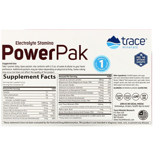 Trace Minerals Research, Электролиты Stamina Power Pak, клюква, 1200 мг, 30 пакетов. по 5,3 г каждый