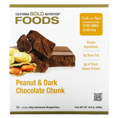 California Gold Nutrition, Еда, арахис и хлопья темного шоколада, 12 батончиков, 1,4 унц. (40 г) каждый