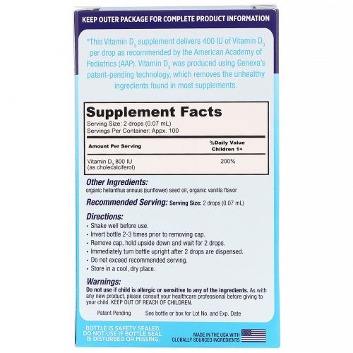 Genexa, Детский витамин D3, для детей возраста 1+, органический ванильный ароматизатор, 400 МЕ, 7 мл (0.23 жидк. унции)