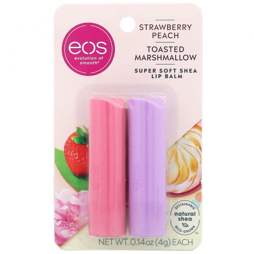 EOS, Super Soft Shea Lip Balm, Strawberry Peach & Toasted Marshmallow, 2 Pack,  0.14 oz (4 g) Each