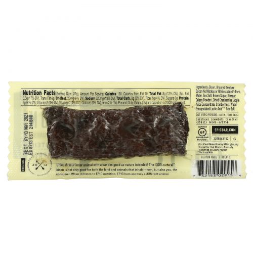 Epic Bar, Bison, Uncured Bacon + Cranberry, 1 Bar, 1.3 oz (37 g)