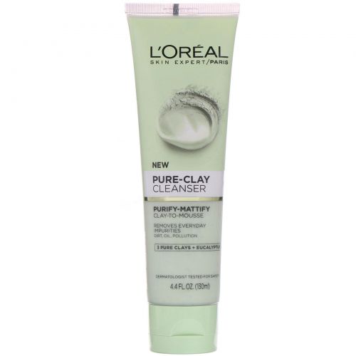 L'Oreal, Очищающее средство Pure-Clay, очищение и матирование, 3 вида глины + эвкалипт, 130 мл