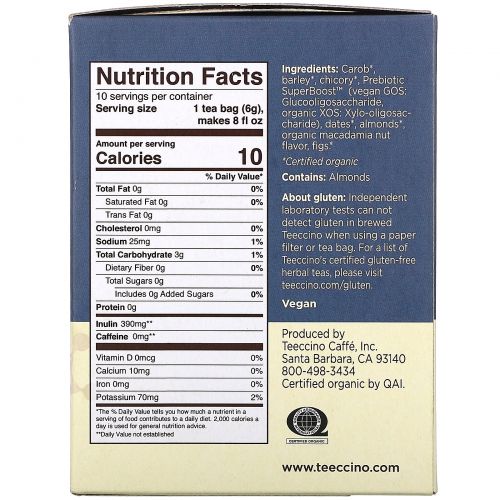 Teeccino, Prebiotic Herbal Tea, Organic Macadamia Nut, Caffeine Free, 10 Tea Bags, 2.12 oz (60 g)