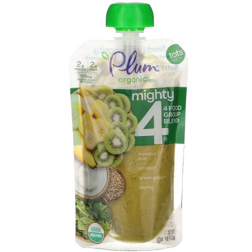 Plum Organics, Mighty 4, 4 Food Group Blend, Tots, Banana, Kiwi, Spinach, Greek Yogurt, Barley, 6 Pouches, 4 oz (113 g) Each