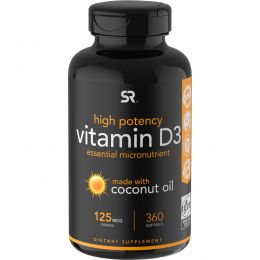 Sports Research, Витамин D3 с Органическим Кокосовым Маслом, 5000 МЕ, 360 Желатиновых Капсул