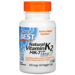 Doctor's Best, MK-7 с натуральным витамином К2 MenaQ7, 100 мкг, 60 овощных капсул