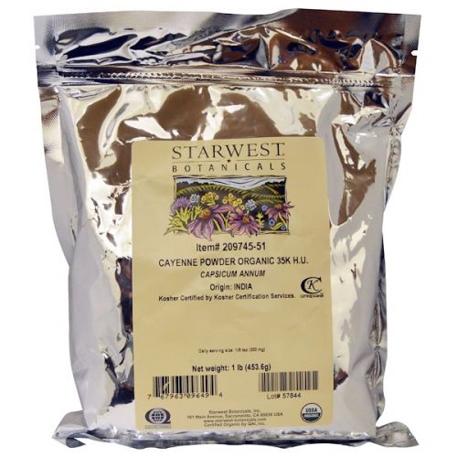 Starwest Botanicals, Порошок органического кайенского перца, 35K H.U., 1 унция (453.6 г)