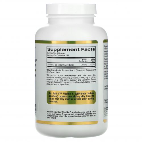 California Gold Nutrition, Buffered Gold C, Non-Acidic Vitamin C, 750 mg, 240 Растительная капсула