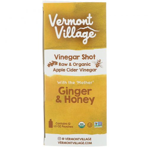 Vermont Village Vinegar Shots, Органический, шот с яблочным уксусом, имбирь и мед, 12 саше, по 28 г каждое