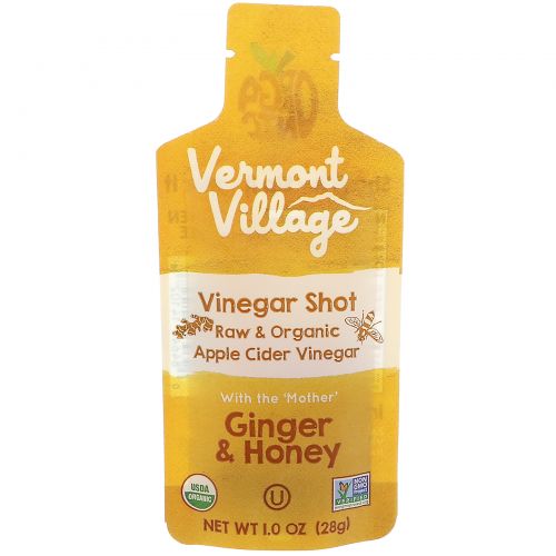 Vermont Village Vinegar Shots, Органический, шот с яблочным уксусом, имбирь и мед, 12 саше, по 28 г каждое