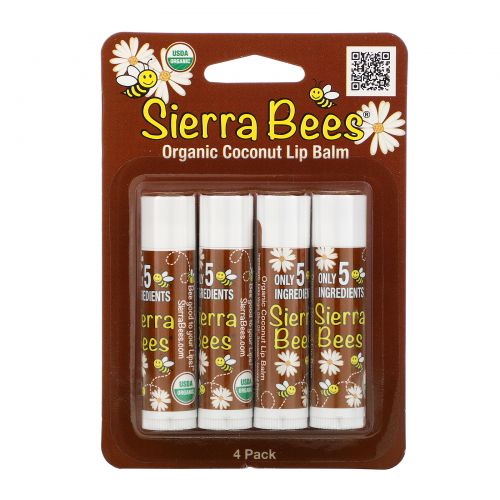 Sierra Bees, Органический бальзам для губ, кокос, 4 шт., 0,15 унций (4,25 г) каждый