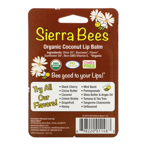 Sierra Bees, Органический бальзам для губ, кокос, 4 шт., 0,15 унций (4,25 г) каждый