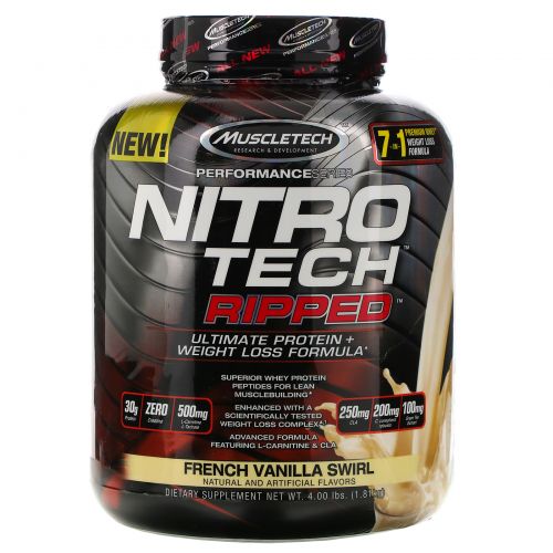 Muscletech, Nitro Tech, Ripped, окончательная формула "Белок + потеря веса", со вкусом французской ванили, 4,00 фунта (1,81 кг)