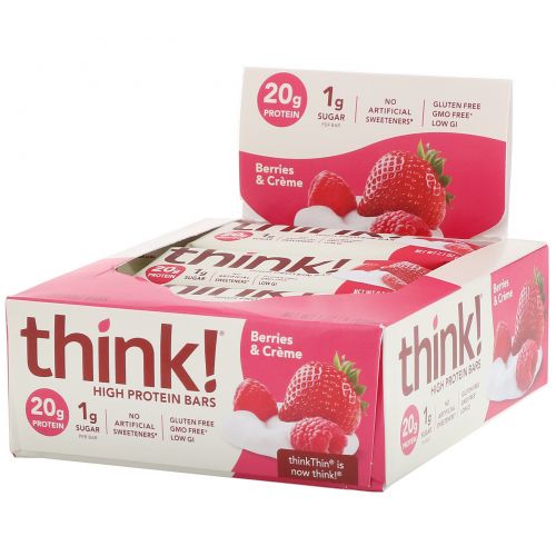 ThinkThin, High Protein Bars, Berries & Cr�me, 10 Bars, 2.1 oz (60 g) Each