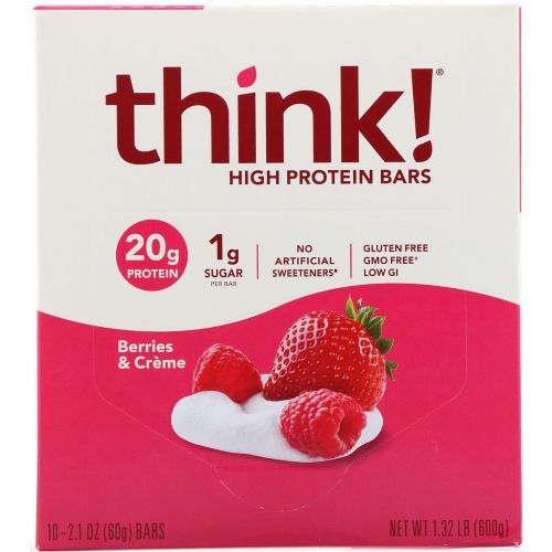 ThinkThin, High Protein Bars, Berries & Cr�me, 10 Bars, 2.1 oz (60 g) Each