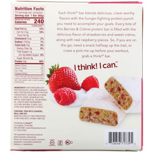 ThinkThin, High Protein Bars, Berries & Cr�me, 10 Bars, 2.1 oz (60 g) Each