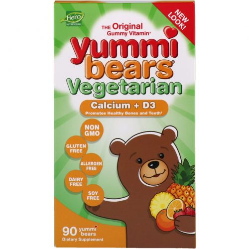 Hero Nutritional Products, Yummi Bears, кальций + витамин D3, вегетарианские, кислые, 90 жевательных медвежат