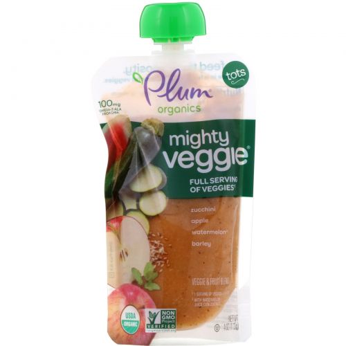 Plum Organics, Tots, Mighty Veggie, пюре из цукини, яблока, арбуза и ячменя, 113 г