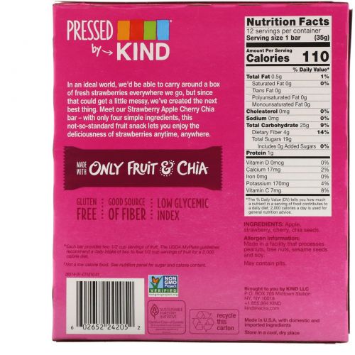 KIND Bars, Pressed by KIND, Strawberry Apple Chia , 12 Fruit Bars, 1.2 oz (35 g) Each