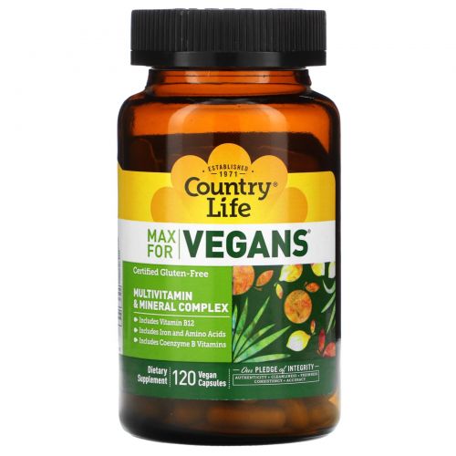 Country Life, Поддержка для вегетарианцев, веганские мультивитамины и минералы, 120 растительных капсул