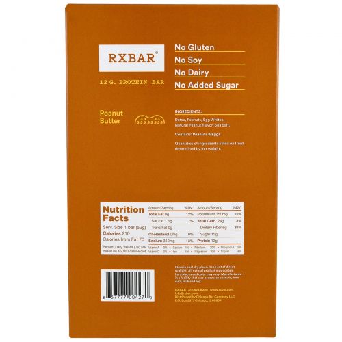 RXBAR, Protein Bars, Peanut Butter, 12 Bars, 1.83 oz (52 g) Each