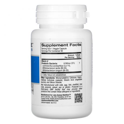 Lake Avenue Nutrition, Пробиотики Acidophilus и Bifidus, 8 млрд КОЕ, 60 растительных капсул