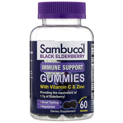 Sambucol, Черная бузина, жевательные таблетки для поддержки иммунитета, с витамином C и цинком, вкус натуральных ягод, 60 жевательных таблеток
