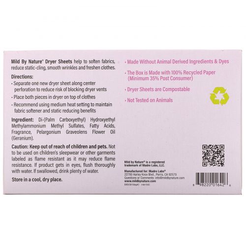 Mild By Nature, Dryer Sheets, Geranium, 40 Compostable Sheets