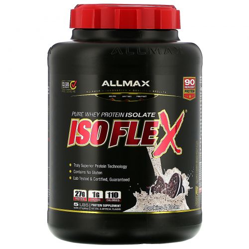 ALLMAX Nutrition, Isoflex, 100%-ный чистый изолят сывороточного белка (ИСБ с фильтрацией частиц заряженными ионами), печенье и сливки, 2,27 кг