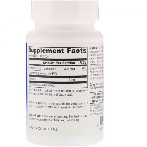 Source Naturals, Мелатонин, сублингвальные таблетки со вкусом перечной мяты, 5 мг, 200 таблеток