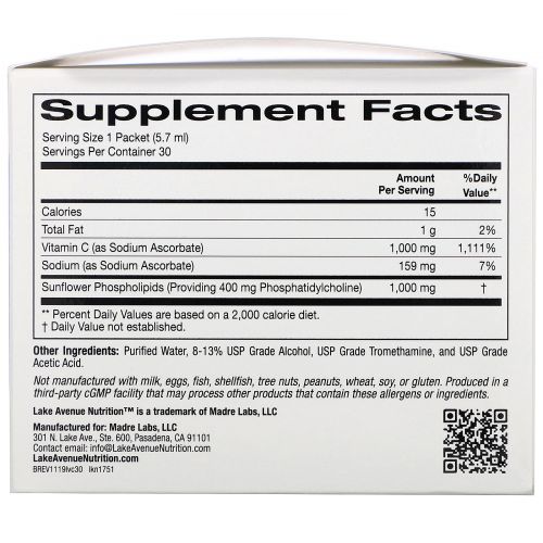 Lake Avenue Nutrition, Liposomal Vitamin C, Unflavored, 1,000 mg , 30 Packets, 0.2 oz (5.7 ml) Each