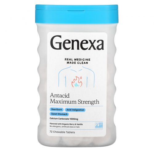 Genexa, Heartburn Fix, антацид с карбонатом кальция, органические ароматизаторы «ягоды» и «ваниль», 72 жевательные таблетки