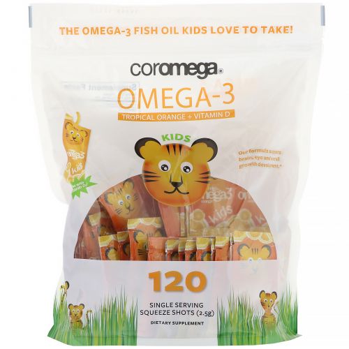 Coromega, Омега-3, тропический апельсин + витамин D для детей, 120 пакетиков
