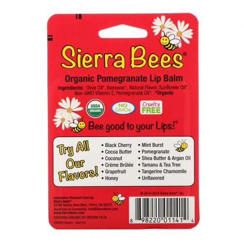 Sierra Bees, Organic Lip Balms, Pomegranate, 4 Pack, .15 oz (4.25 g) Each