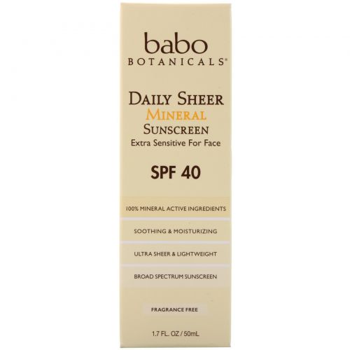 Babo Botanicals, Солнцезащитный крем для лица с фактором защиты 40, 1,7 унции (50 мл)