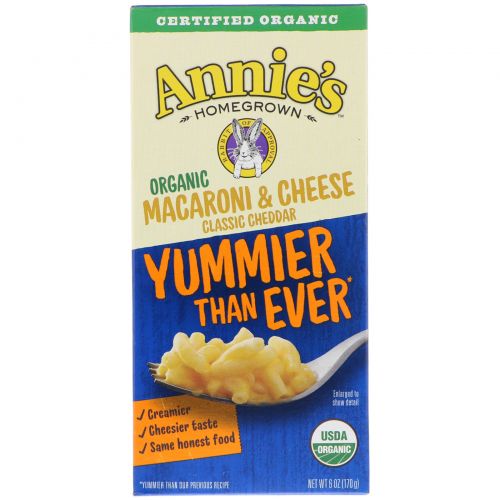 Annie's Homegrown, Органические макароны с сыром, классический чеддер, 6 унций (170 г)