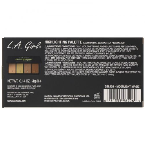 L.A. Girl, Палетка хайлайтеров Moonlight Magic Highlighting Palette, 4 г (каждый оттенок)