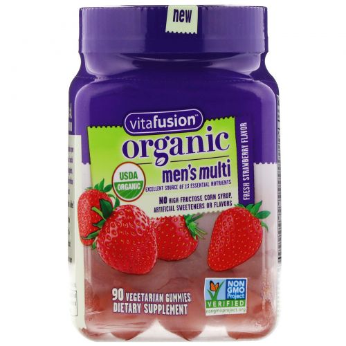 VitaFusion, Organic Mens' Multi, Fresh Strawberry, 90 Vegetarian Gummies