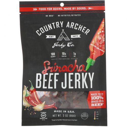 Country Archer Jerky, Вяленая говядина с соусом шрирача, 3 унции (85 г)