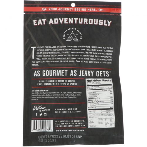 Country Archer Jerky, Вяленая говядина с соусом шрирача, 3 унции (85 г)