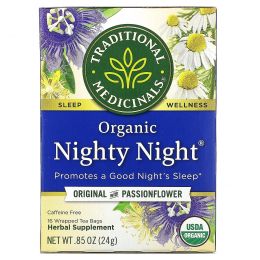 Traditional Medicinals, Успокаивающий чай, органический чай Nighty Night, без кофеина, 16 чайных пакетиков в индивидуальной упаковке, 0,85 унции (24 г)