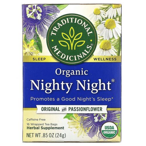 Traditional Medicinals, Успокаивающий чай, органический чай Nighty Night, без кофеина, 16 чайных пакетиков в индивидуальной упаковке, 0,85 унции (24 г)