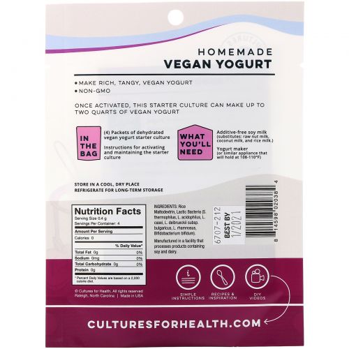 Cultures for Health, Vegan Yogurt, 4 Packets, .06 oz (1.6 g)