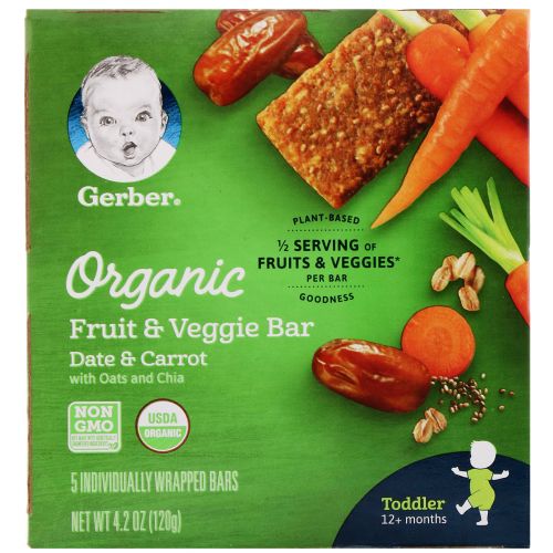 Gerber, Organic Fruit & Veggie Bar, 12+ months, Date & Carrot, 5 Individually Wrapped Bars, 4.2 oz (120 g)