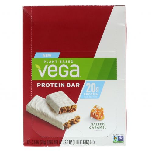 Vega, Протеиновый бар, соленая карамель, 12 батончиков, 2,5 унции (70 г)